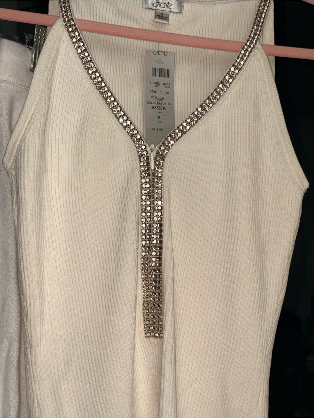 Cache Ivory Ribbed Tank with Rhinestone Trim